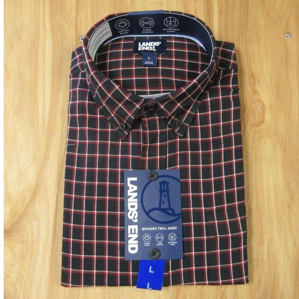 LANDS END Brushed Twill Button Down Shirt‎ Mens Sz Large Black Red Plaid Top NWT